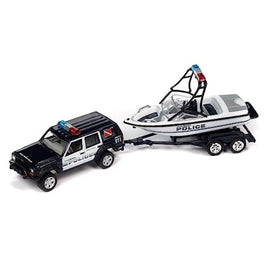 JLSP352A Johnny Lightning 1/64 1998 ジープ チェロキー モンテゴブルー & ボート/ トレーラー ホワイト 'POLICE'